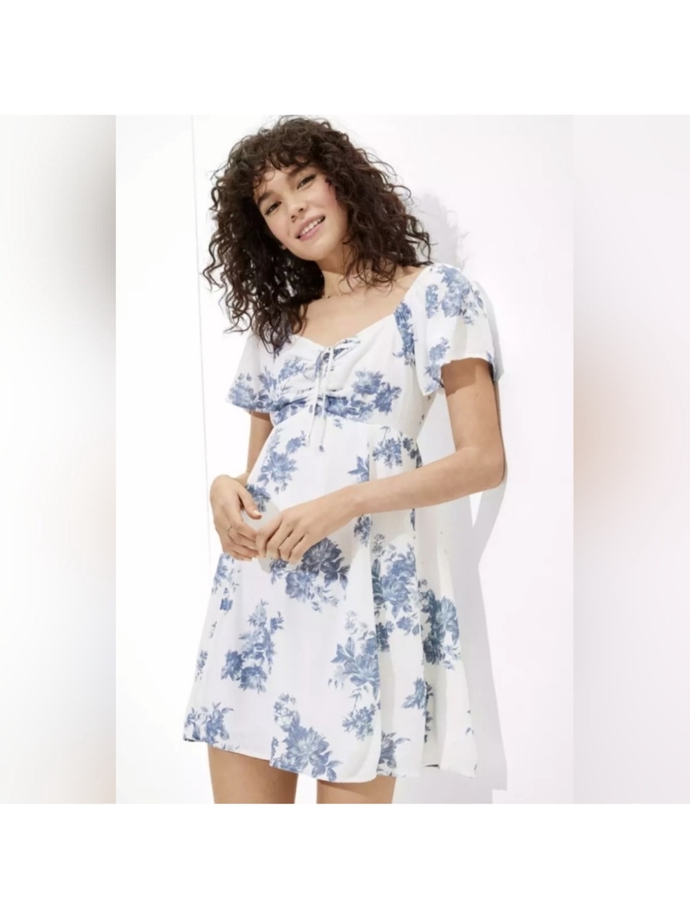 American Eagle Outfitters White Dress with Blue Floral Print and Front Tie